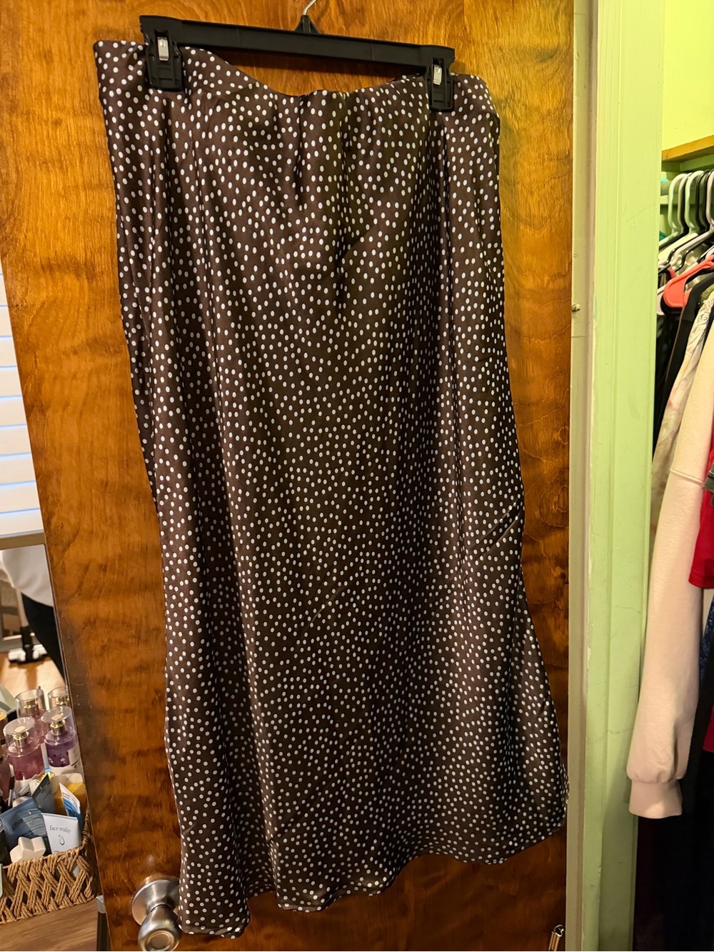 Polka Dot Satin Midi Skirt - Black with White Dots
